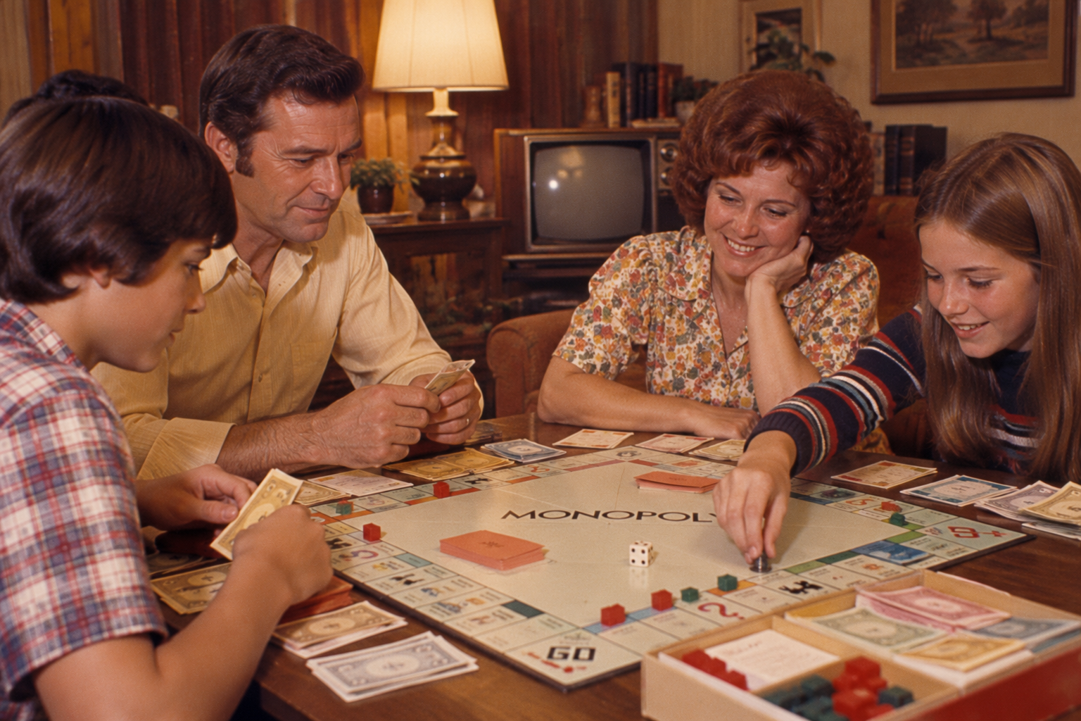 A family of four sits around a table playing a game of Monopoly in a living room.