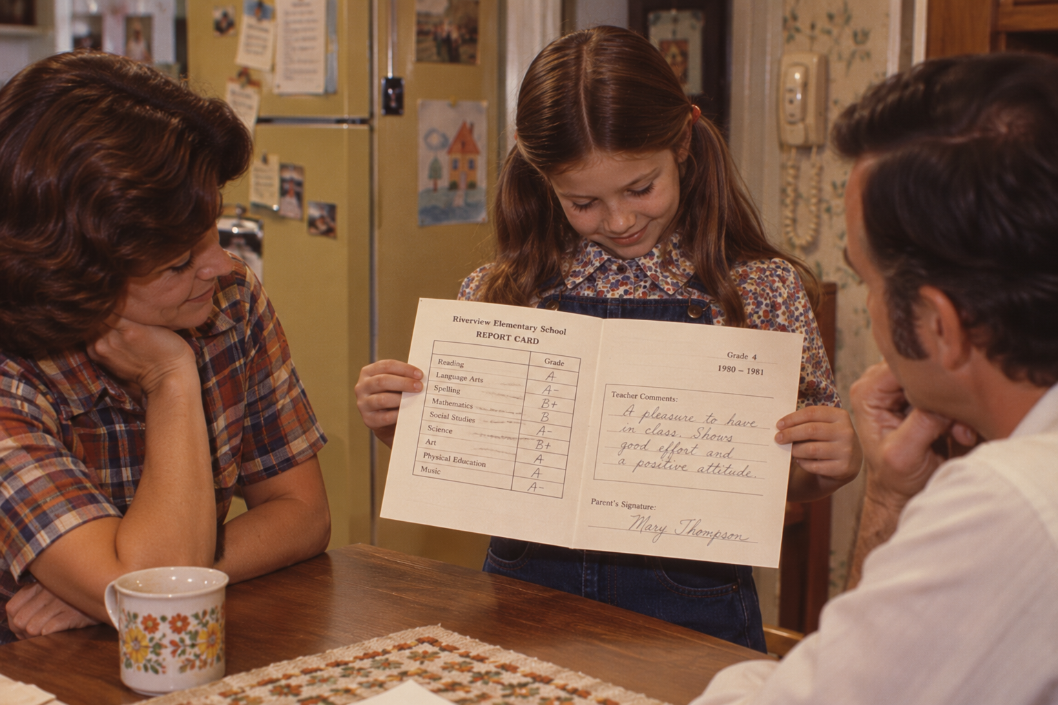 A young girl showing her grade 4 report card with mostly A and B grades to her parents at a kitchen table.