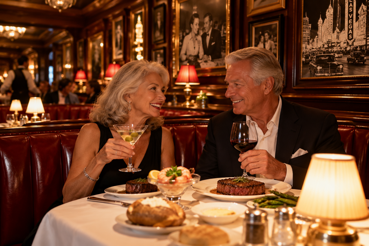 An older couple smiles at each other while dining at a restaurant in Las Vegas, enjoying steaks, a shrimp cocktail, and glasses of wine.