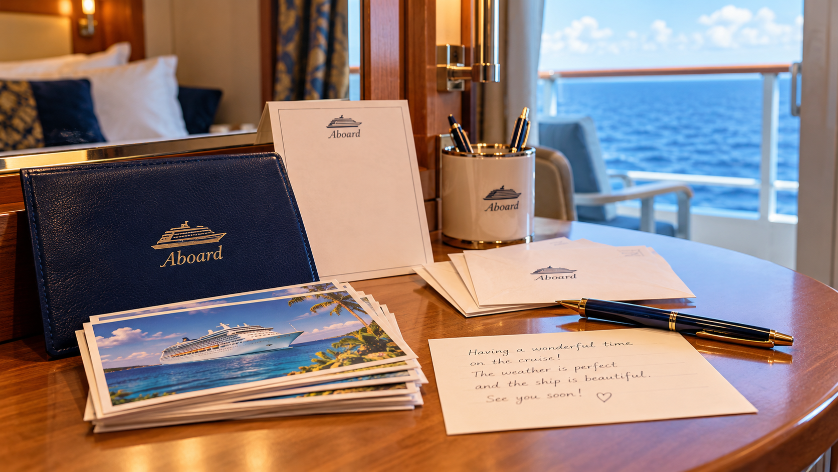 A table with cruise ship stationery, postcards, a pen, a note reading “Having a wonderful time on the cruise!”, and an ocean view—classic things cruise lines used to offer—visible through the balcony window.