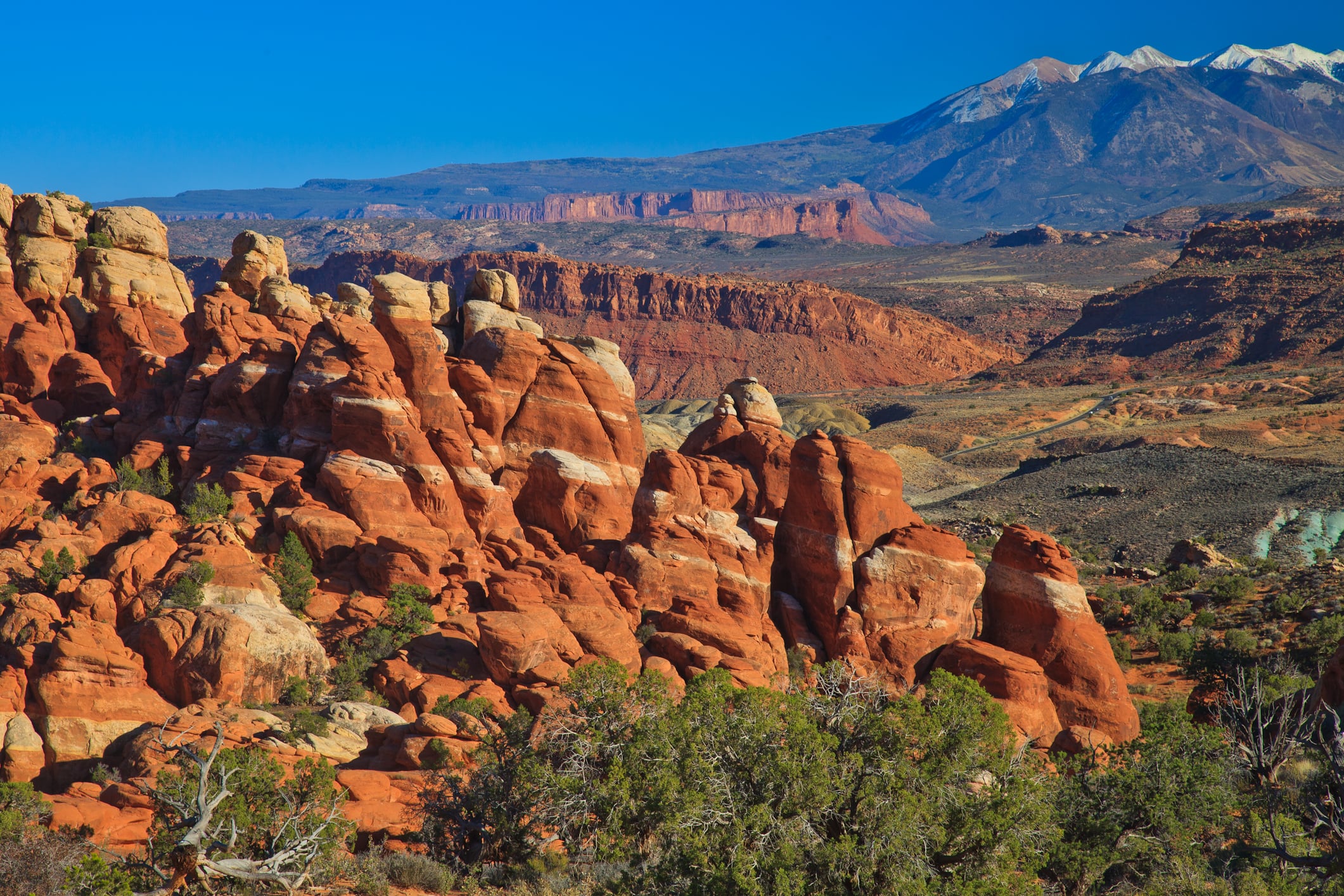 Red rock sandstone formations in Arches National Park with snow-capped mountains in the distance.