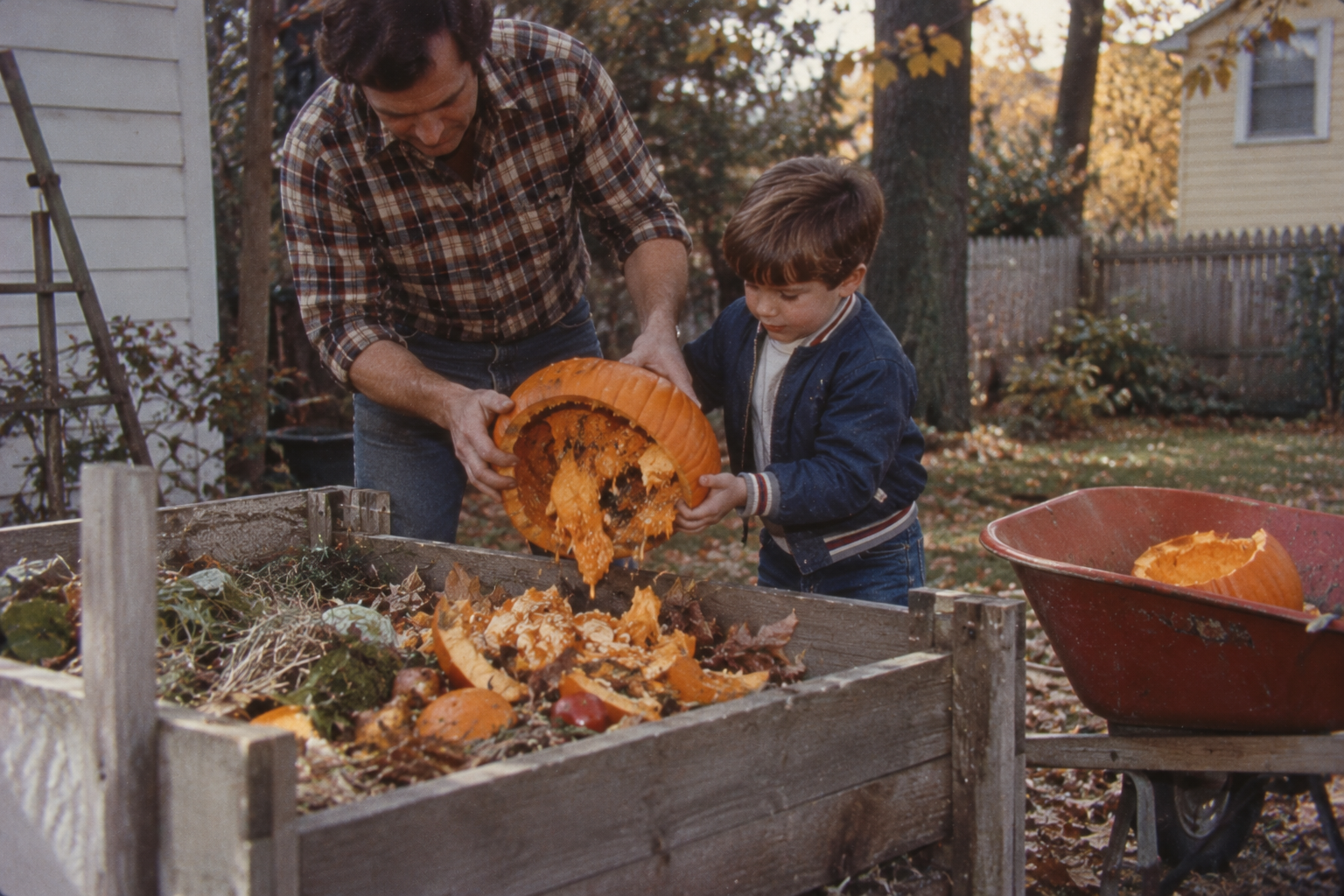 A man and a young boy empty the pulp and seeds from a hollowed-out pumpkin into a wooden compost bin in a backyard.