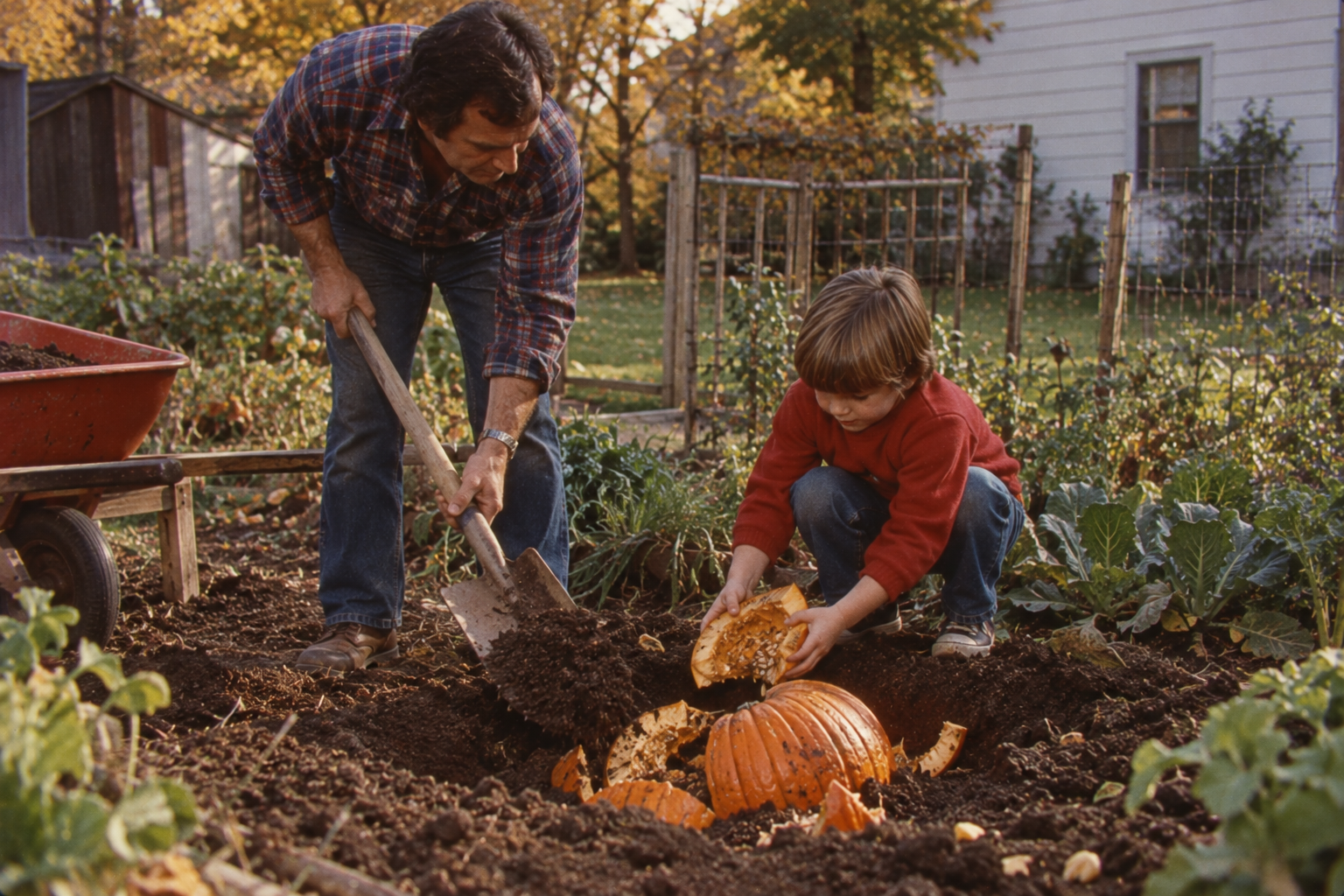 A man and a child kneeling in a garden, placing pumpkin pieces into a hole in the dirt. Pumpkins After Halloween.