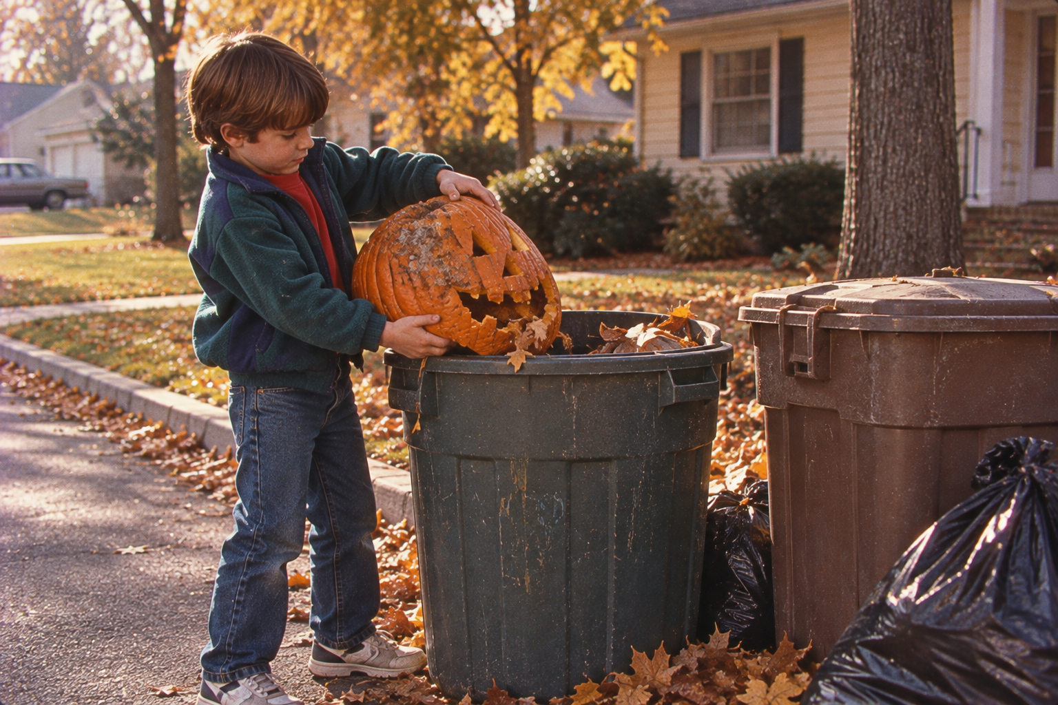 A young boy placing a carved jack-o’-lantern into a green trash bin outside a suburban home.