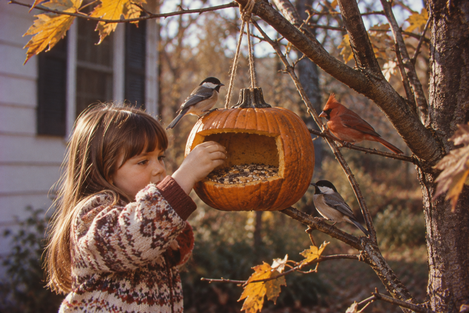 A young girl reaches into a pumpkin bird feeder hanging from a tree, while a chickadee and a cardinal perch nearby.