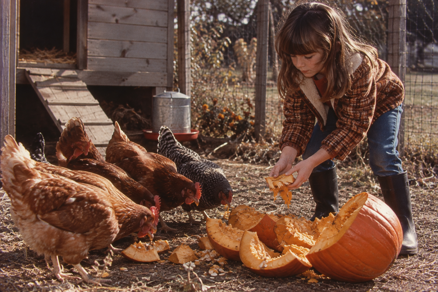 A young girl feeding pumpkin pieces to several chickens in a coop enclosure.