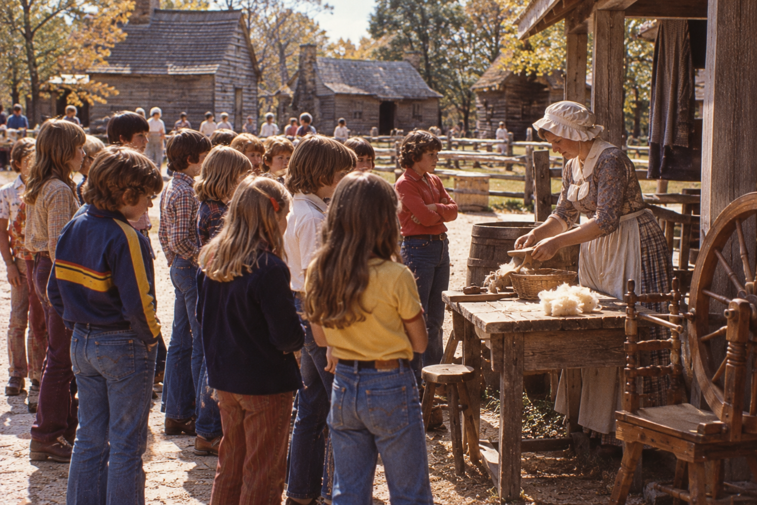 A woman in colonial-style clothing demonstrates wool carding to a group of children at an outdoor historical site.