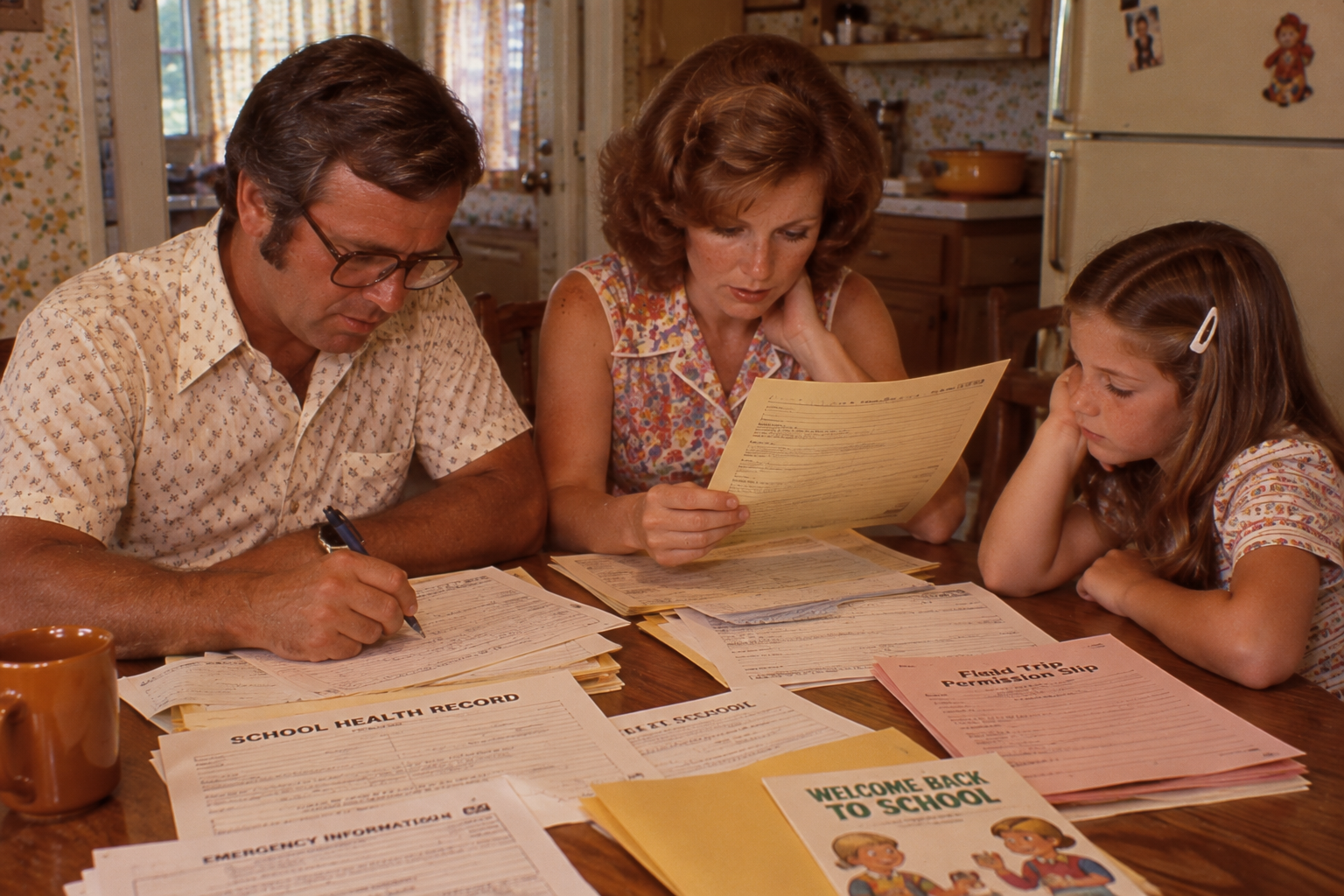 A family sits at a kitchen table filling out school forms, including a health record and a field trip permission slip.