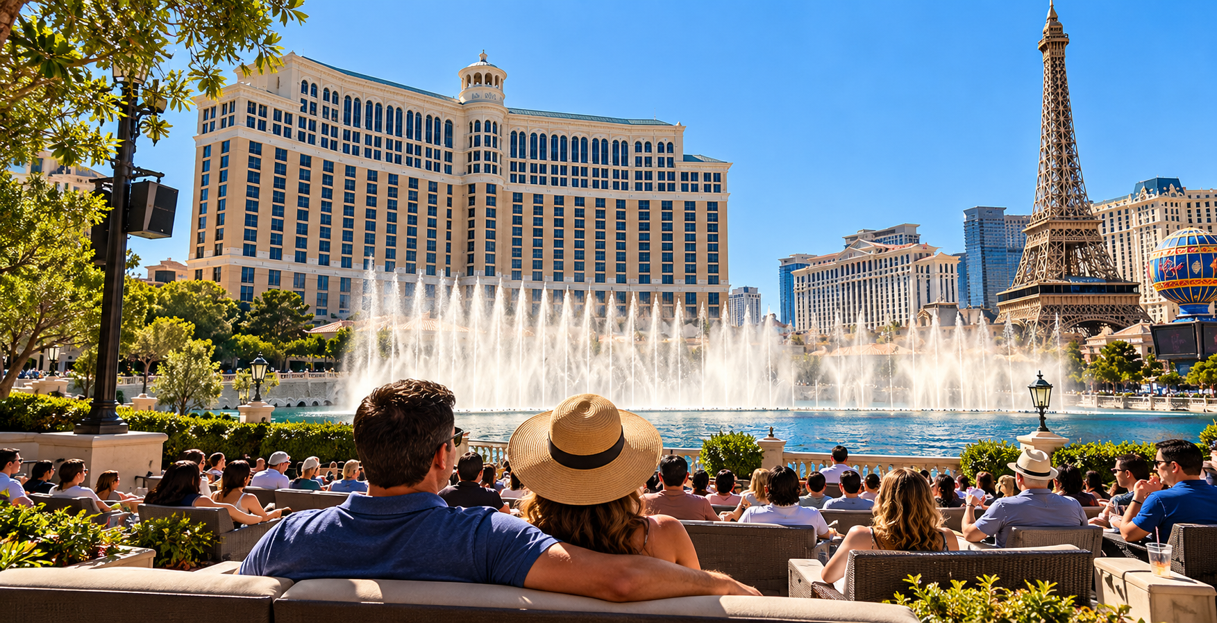 A couple sits on an outdoor couch watching the Bellagio fountains in Las Vegas, surrounded by other spectators, with iconic hotels and a replica Eiffel Tower in the background under a clear blue sky.