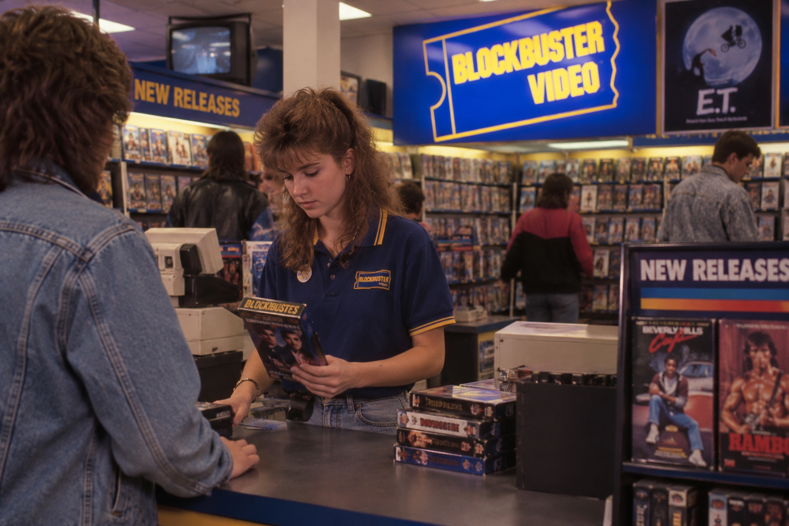 A Blockbuster Video employee scans a VHS tape at the checkout counter while a customer waits. Teen jobs in the 1980s.