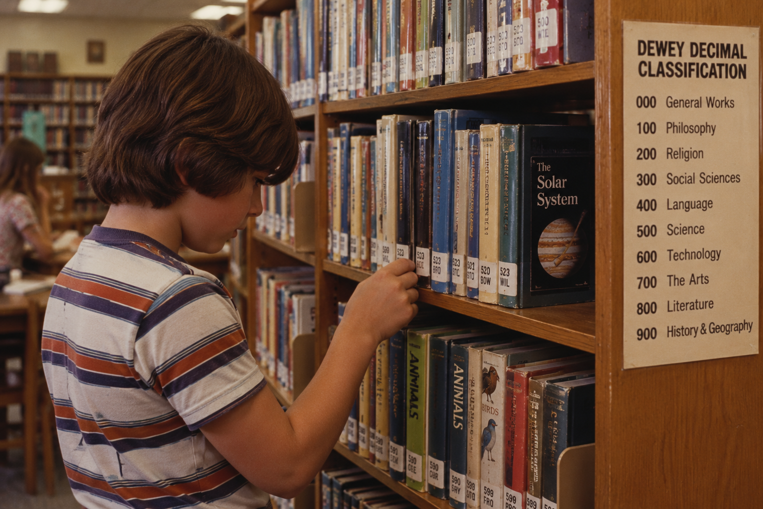 A child choosing a book from a library shelf next to a Dewey Decimal Classification guide.