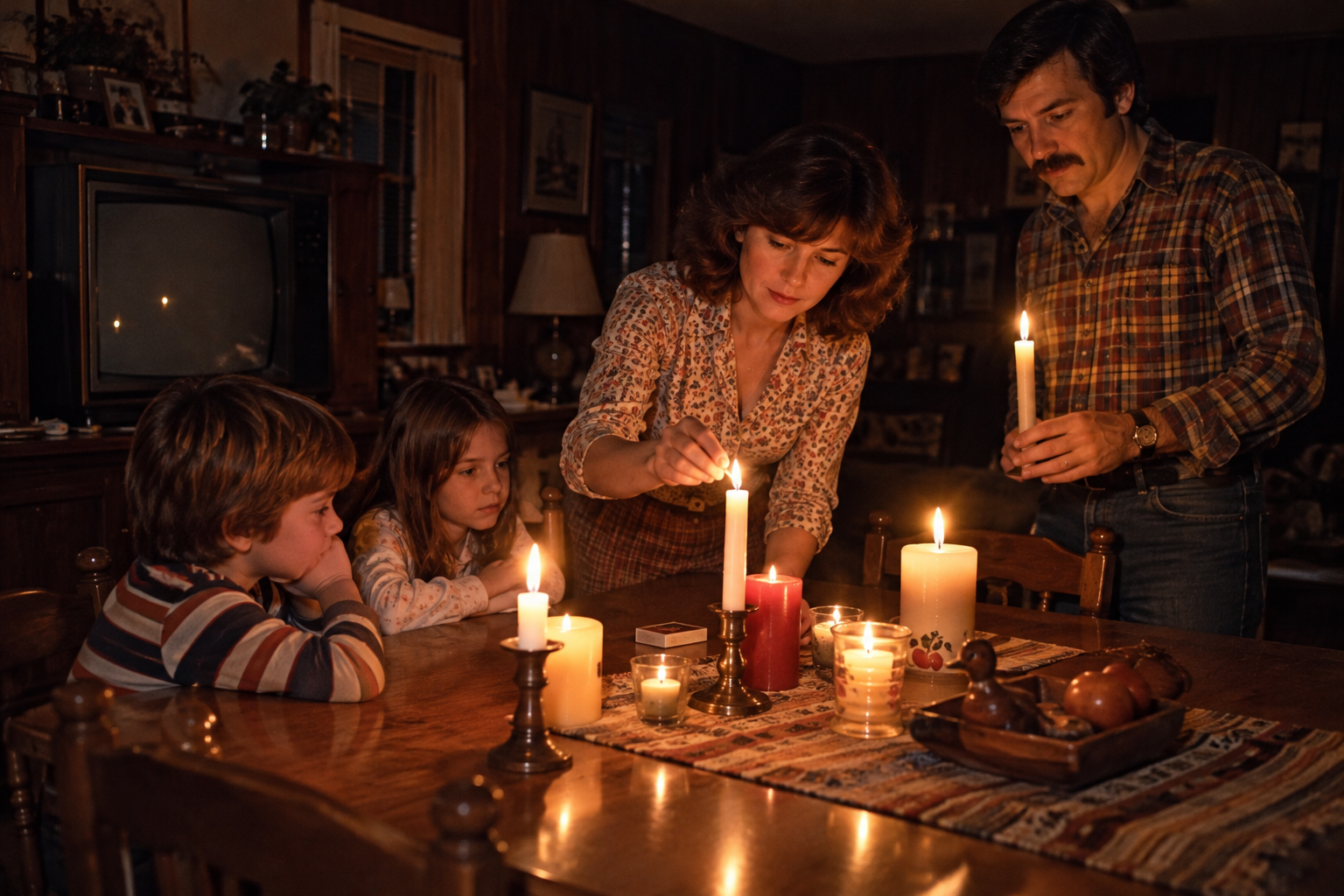 A family lights candles at a wooden dining table in a dimly lit room.