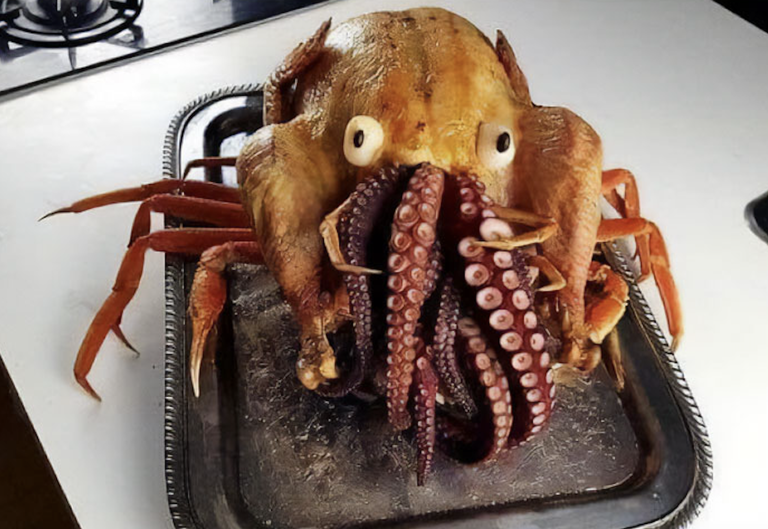A roasted chicken decorated with crab legs and octopus tentacles to resemble a sea monster on a silver platter.