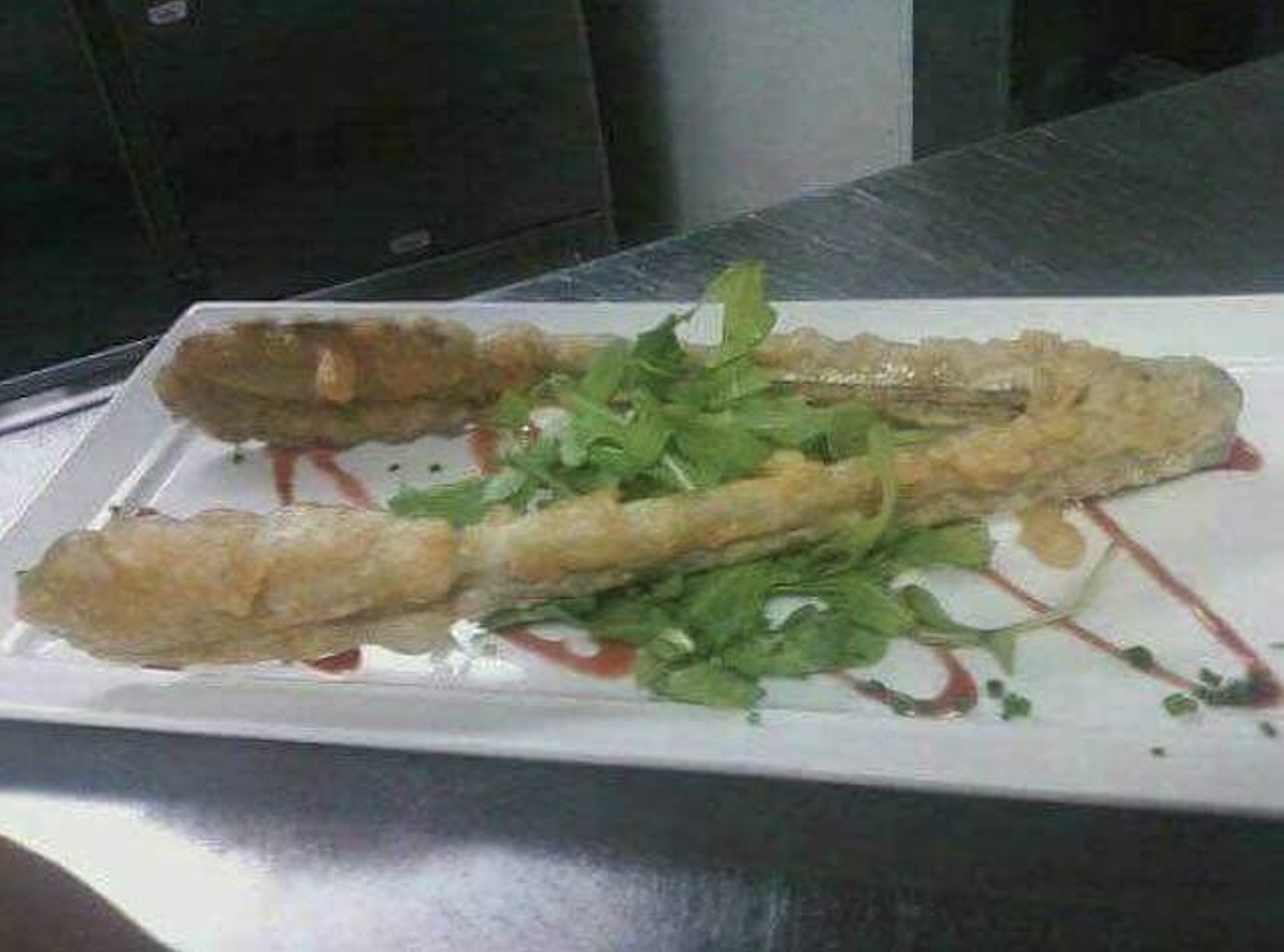 Two pieces of fried, breaded food arranged in a V-shape on a white plate with greens and a drizzle of sauce.