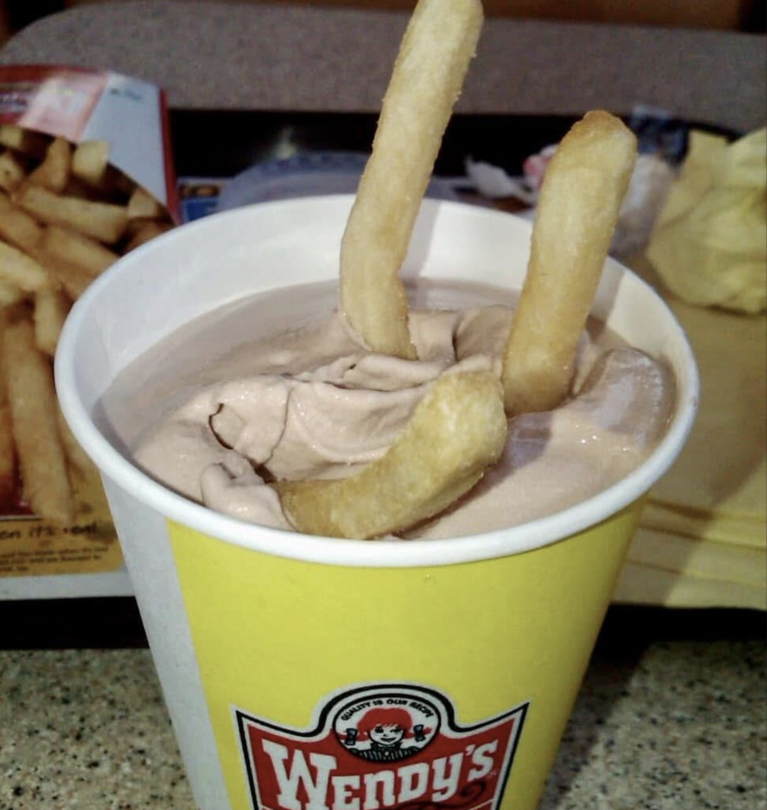 Three french fries dipped into a Wendy’s chocolate Frosty.