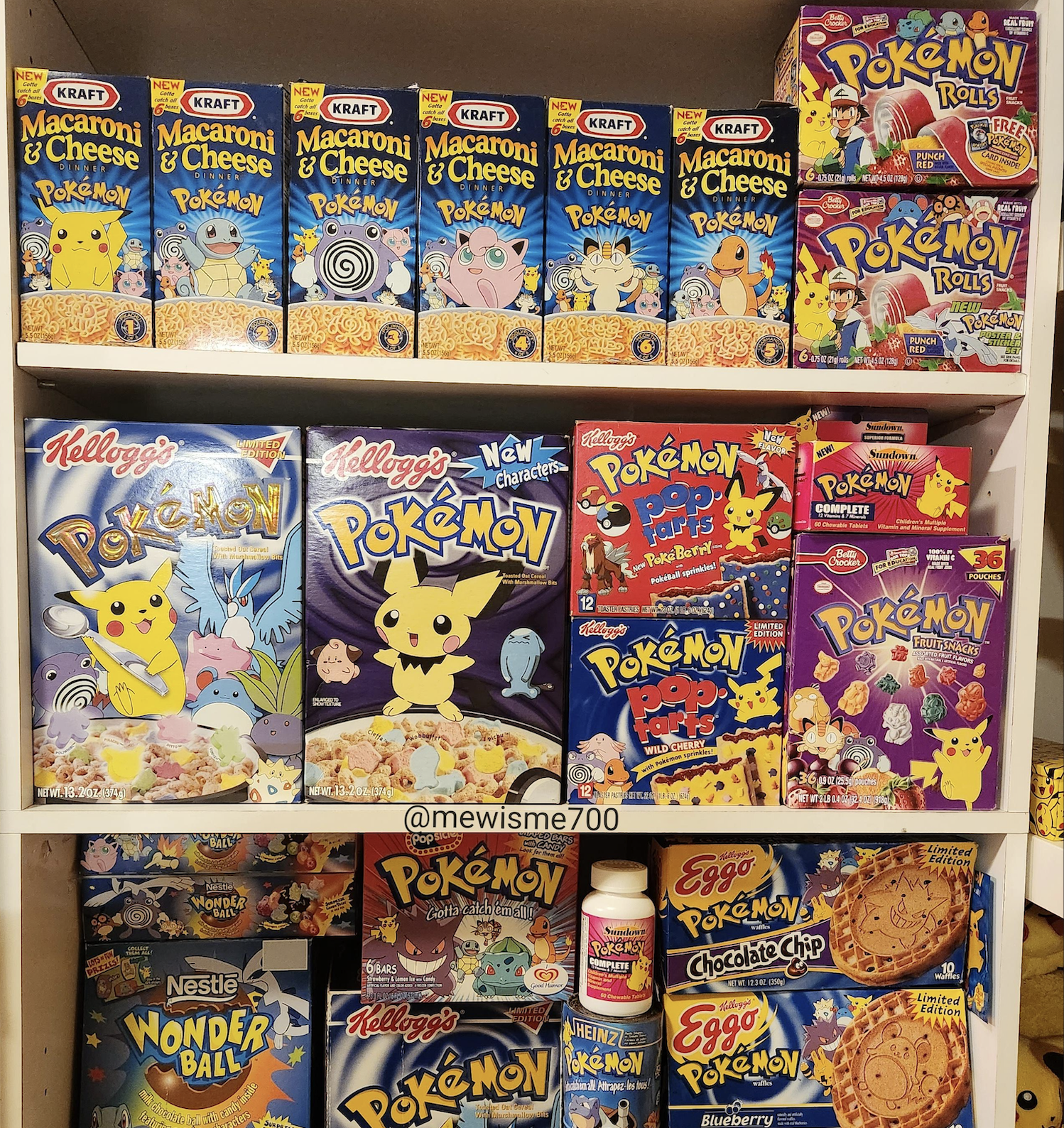 A variety of Pokémon-themed food products including macaroni and cheese, cereal, Pop-Tarts, fruit snacks, Wonder Balls, and Eggo waffles displayed on store shelves.