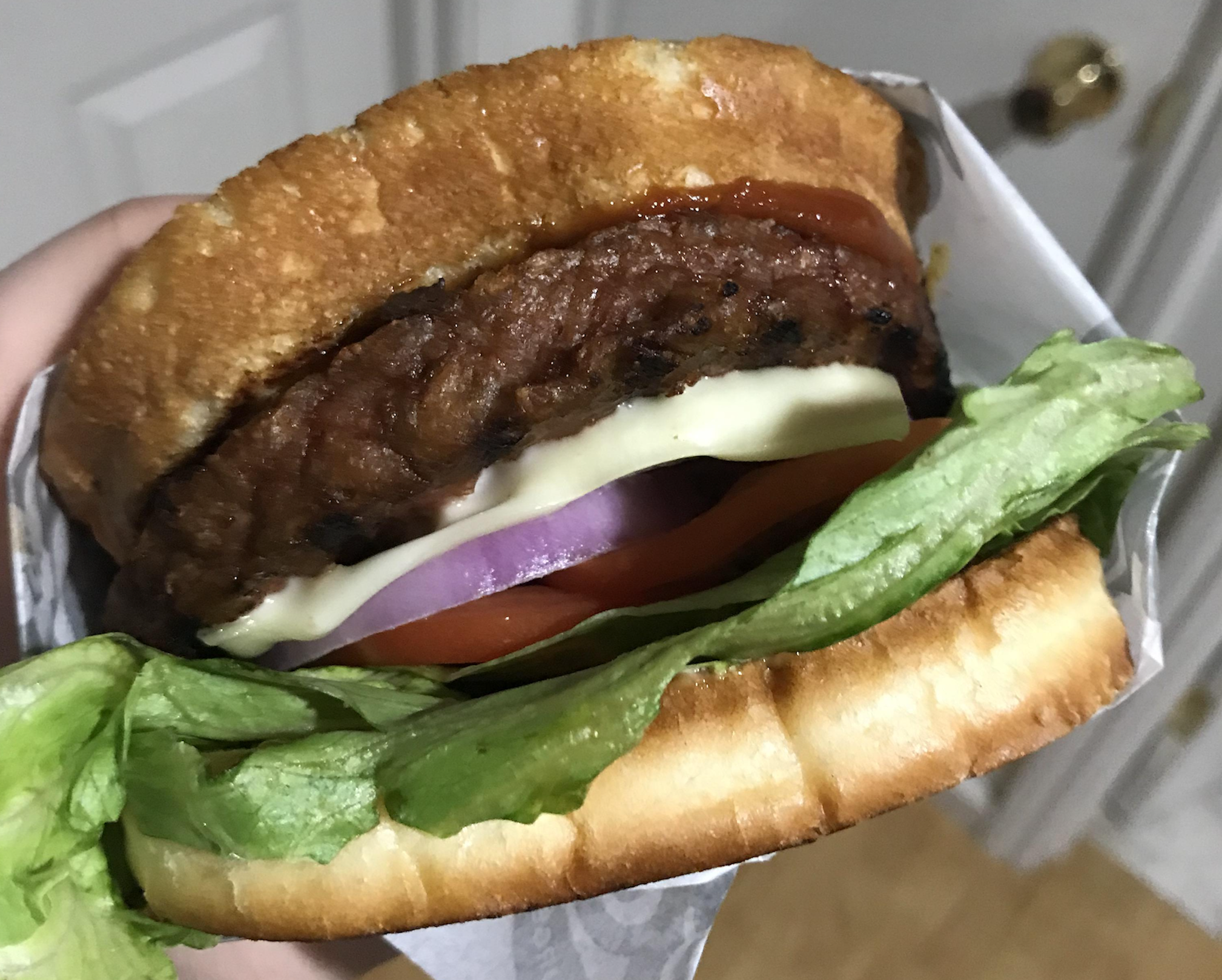 A cheeseburger with a grilled patty, lettuce, tomato, and red onion on a toasted bun held in hand.
