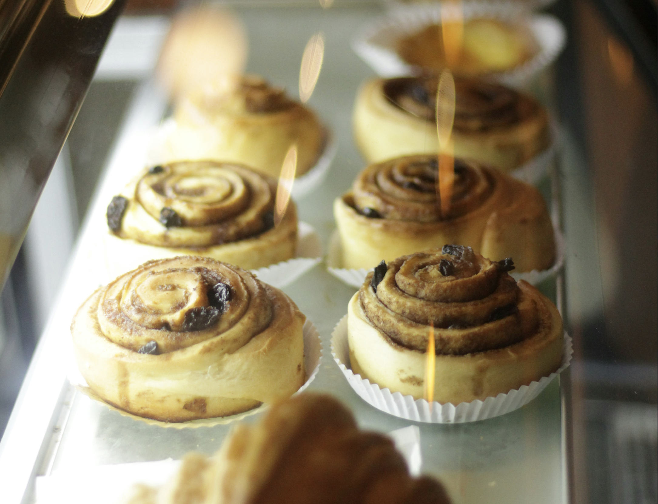 Cinnamon rolls with raisins arranged in a bakery display case.