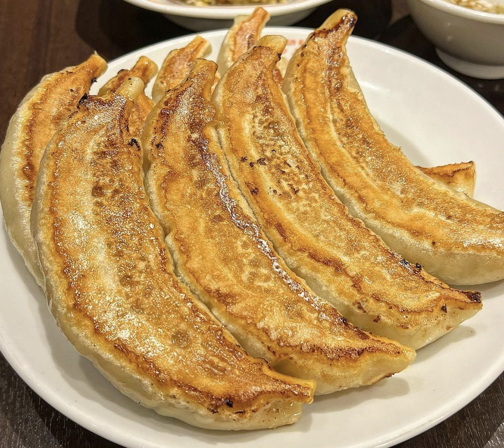 Five pan-fried gyoza arranged in a fan shape on a white plate.
