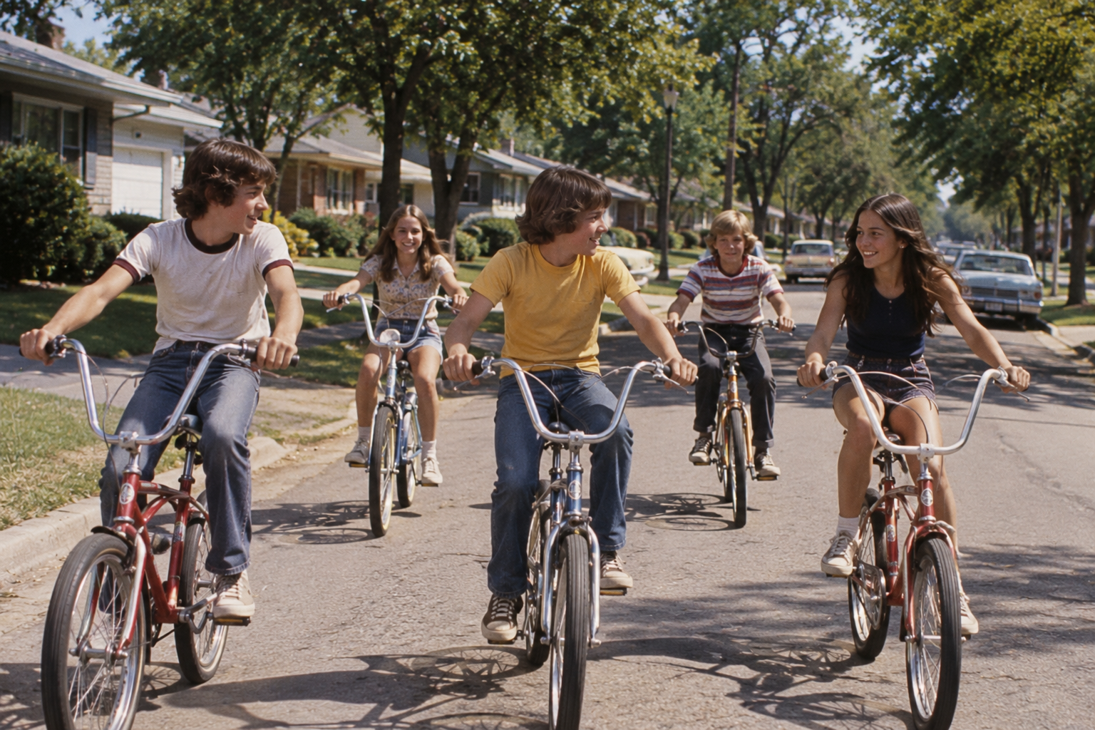 Five children riding bicycles down a suburban street.