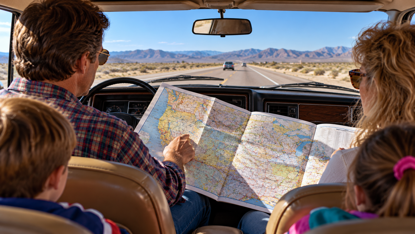 Family road trips in the 1980s, with the driver pointing at an open paper map while looking toward the road ahead.