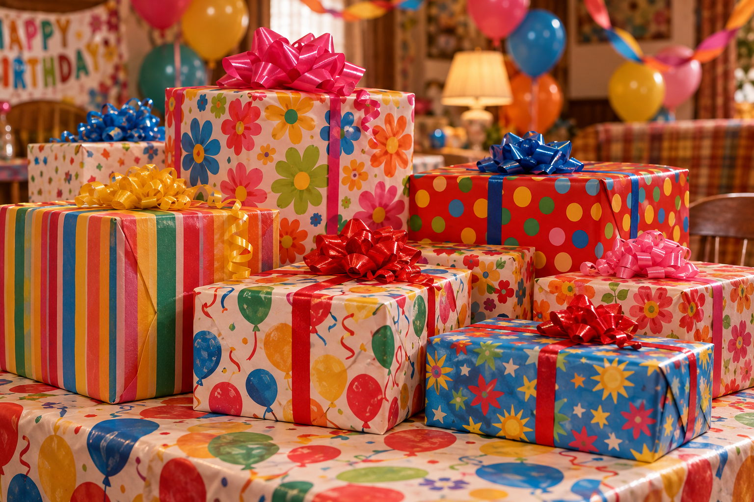 A collection of birthday gifts wrapped in colorful 1970s patterned paper with bright bows sits on a balloon-patterned tablecloth.