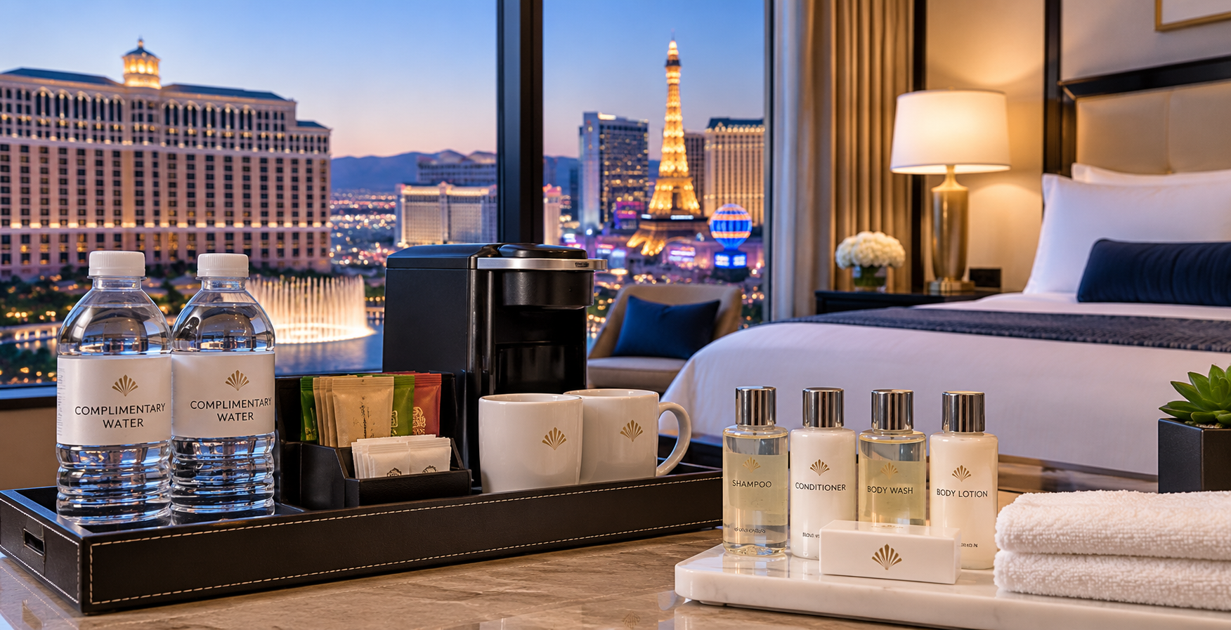 Hotel room with a tray holding bottled water, coffee maker, toiletries, and towels on a table. In the background, a large window shows the Las Vegas Strip, including the Eiffel Tower and Bellagio.