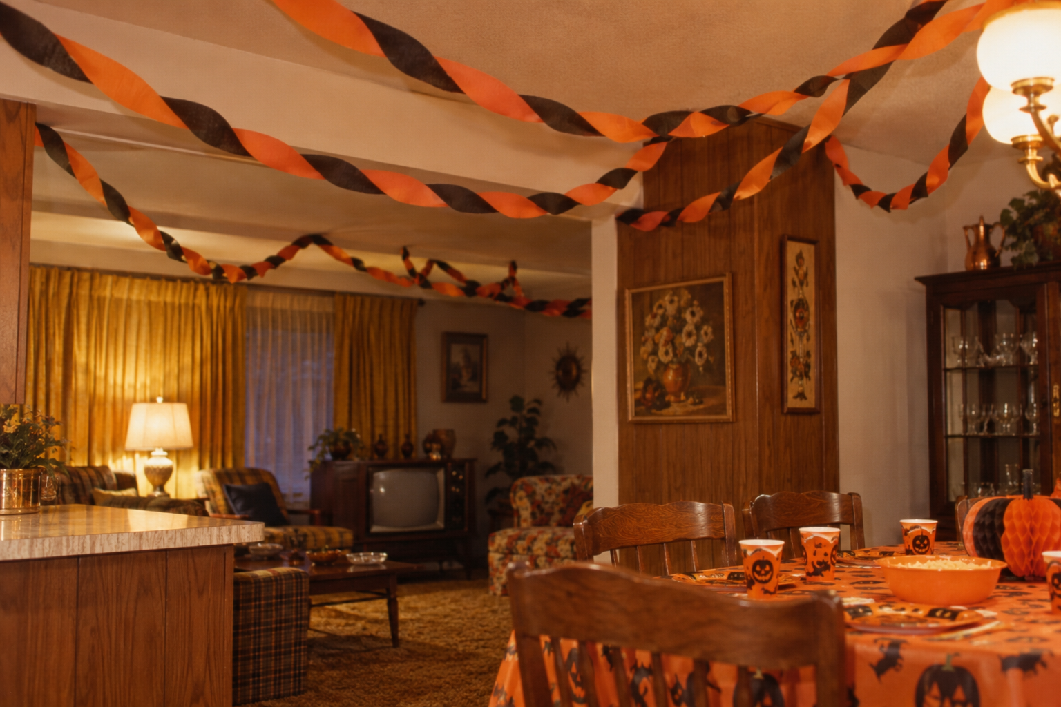 A dining room table set for a Halloween party with themed cups and a tablecloth, decorated with orange and black streamers draped across the ceiling.