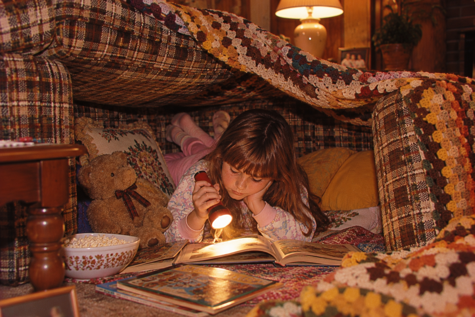 A young girl in pajamas reads a book by flashlight under a blanket fort, accompanied by a teddy bear and a bowl of popcorn.