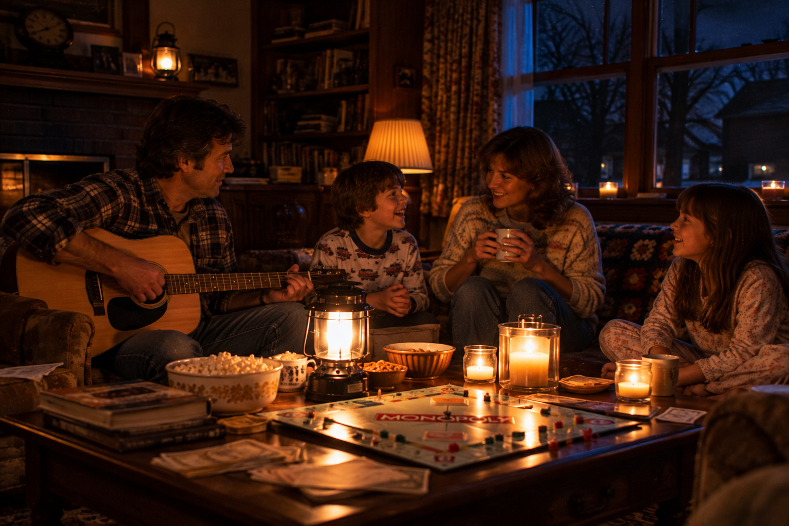 A family enjoys board games and acoustic guitar music in a dimly lit living room, finding entertainment during a power outage.