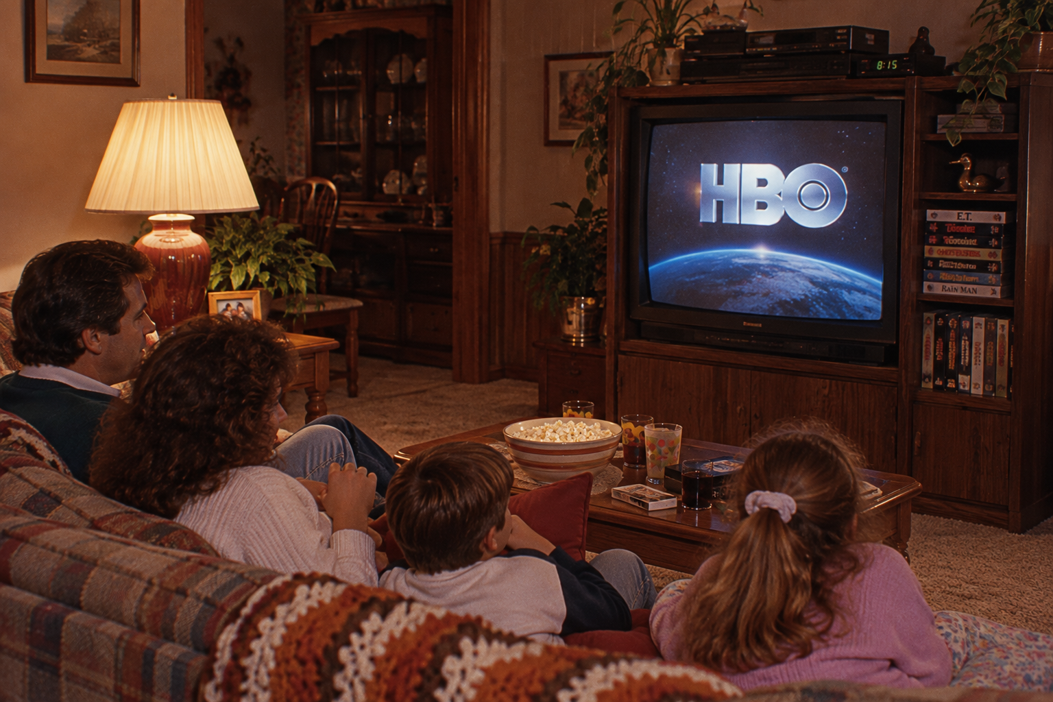 A family sits on a couch watching an HBO logo on a television in a living room.