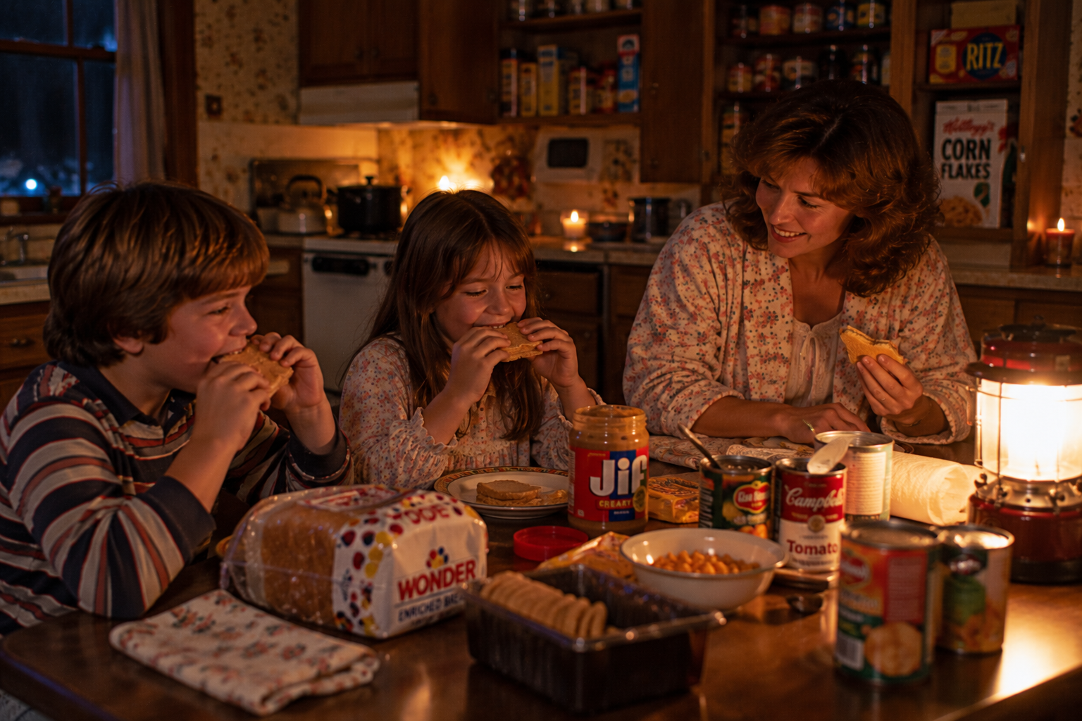 A woman and two children eat peanut butter sandwiches by lantern light during a power outage.