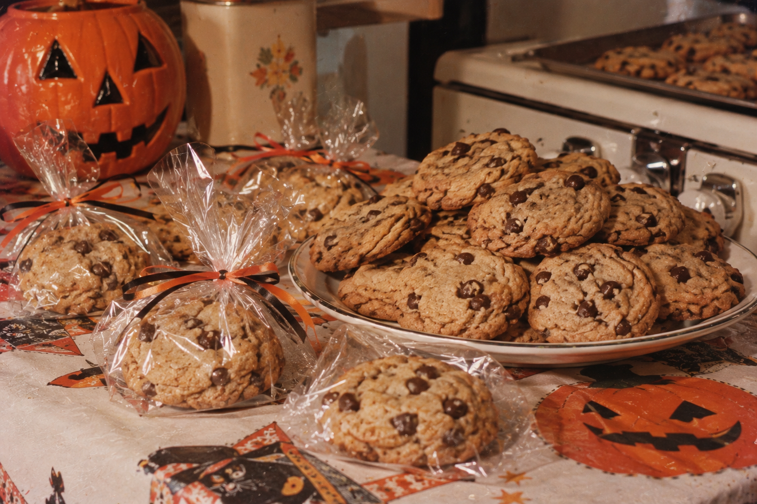 A platter piled with chocolate chip cookies next to individually wrapped cookies on a Halloween-themed tablecloth with a jack-o’-lantern in the background.