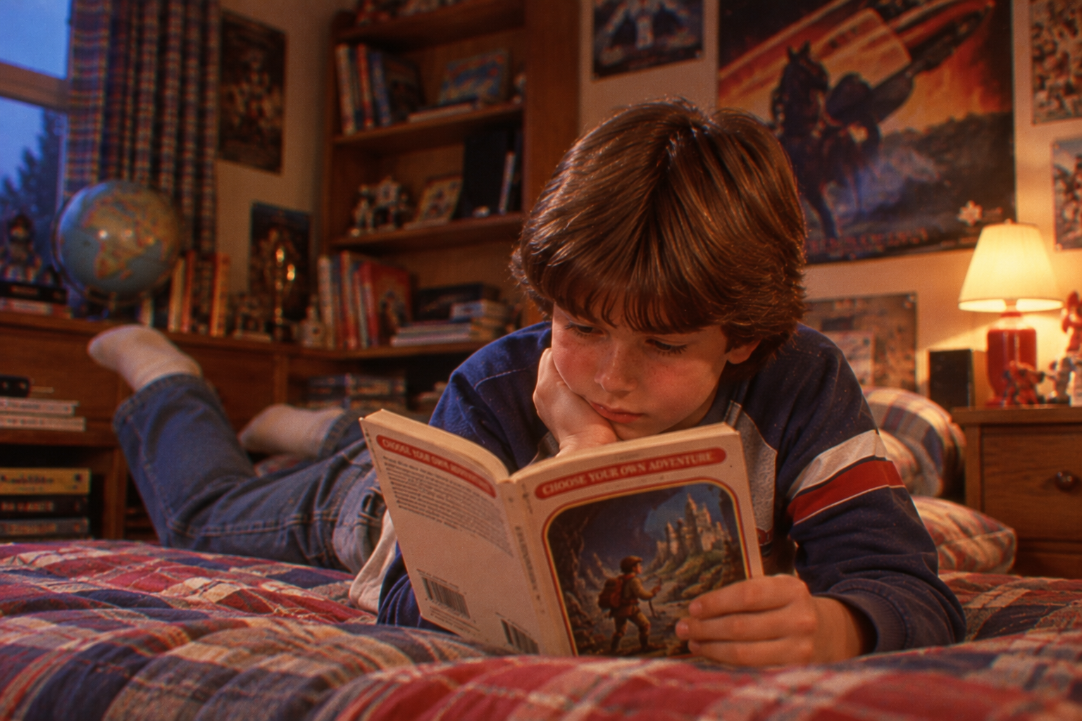 A boy lies on his bed reading a “Choose Your Own Adventure” book in a cozy, poster-filled bedroom decorated with books, toys, and a globe. Rainy day activities in the ’80s.