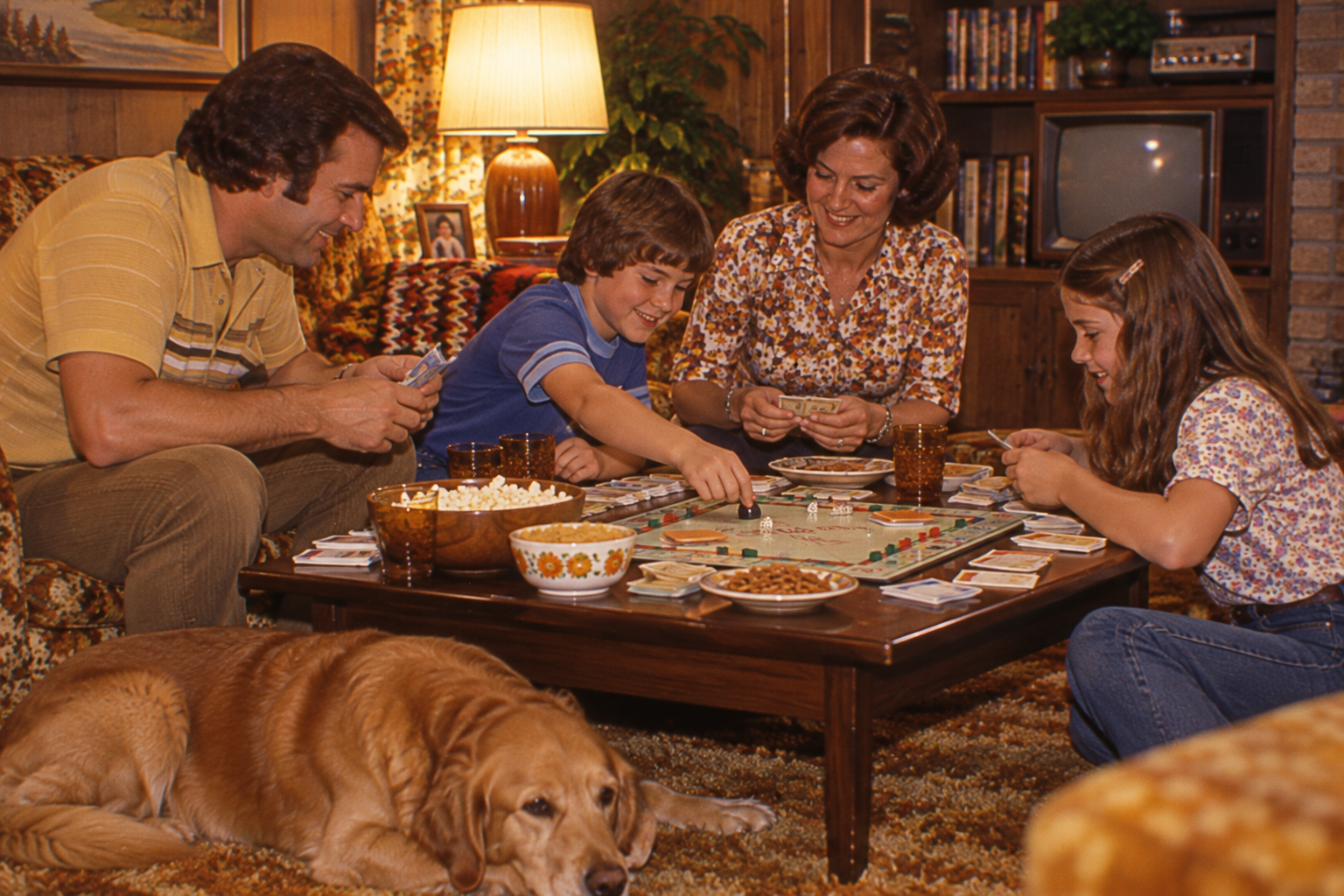A family of four plays a board game around a coffee table while a golden retriever rests on the floor nearby.