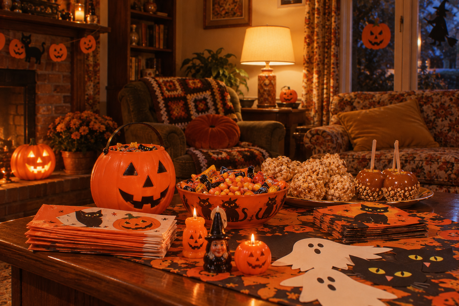 A table decorated for Halloween with a jack-o’-lantern candy bucket, a bowl of candy, popcorn balls, caramel apples, and themed napkins, with a lit fireplace and cozy living room in the background. Halloween in the 1970s.