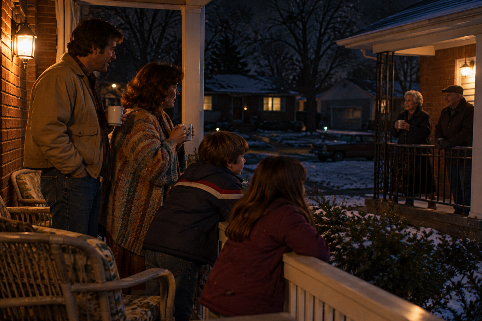 A family on their porch looks across a snowy yard at an older couple standing on a neighboring porch during power outages.