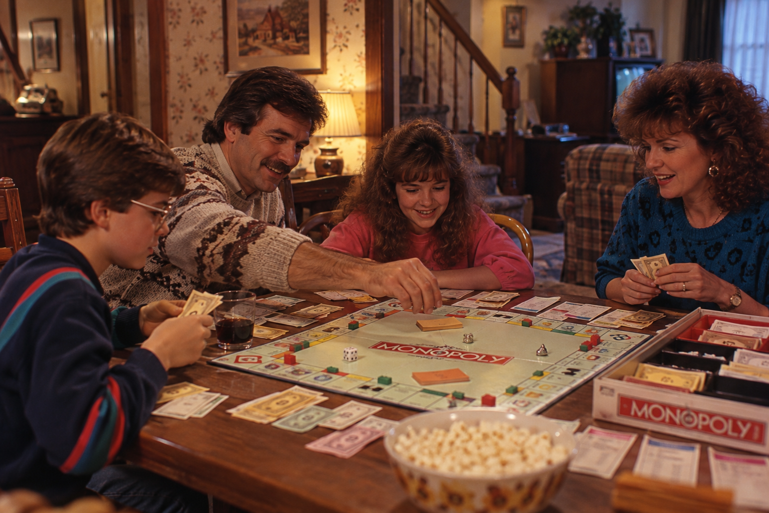 A family of four sits around a wooden table playing a game of Monopoly.