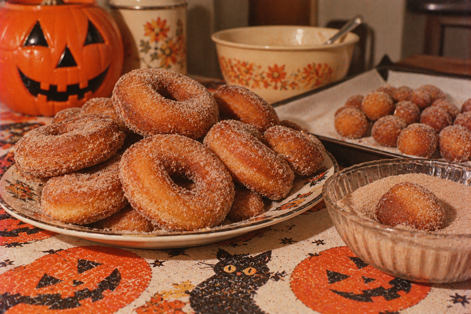 A platter of cinnamon-sugar donuts next to a bowl of sugar and a tray of donut holes on a Halloween-themed tablecloth.