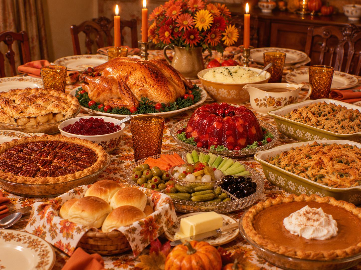 A Thanksgiving dinner table spread with a roasted turkey, gravy, mashed potatoes, stuffing, cranberry sauce, relishes, bread rolls, a vegetable casserole, and several pies.