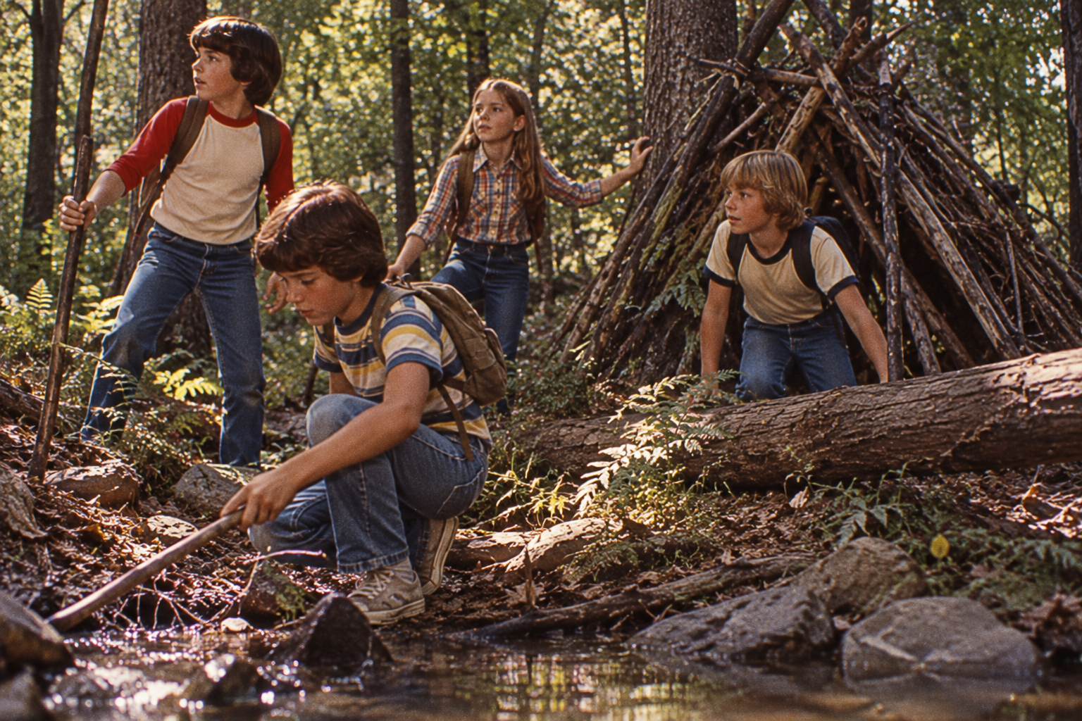 Four children exploring a forest near a wooden lean-to shelter, with one child crouching to poke a stick into a stream.