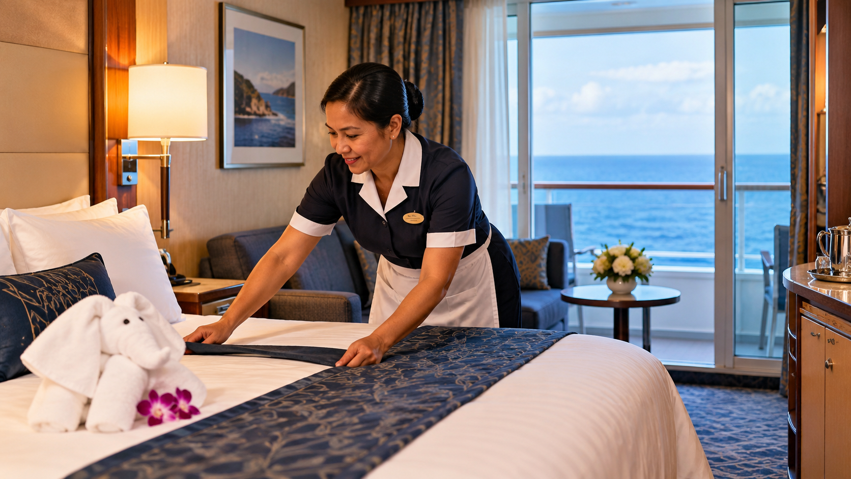 A housekeeper in uniform makes a bed in a hotel room with an ocean view, recalling the luxury and special touches—like towel animals—that things cruise lines used to offer, as sunlight streams through glass doors to the balcony.