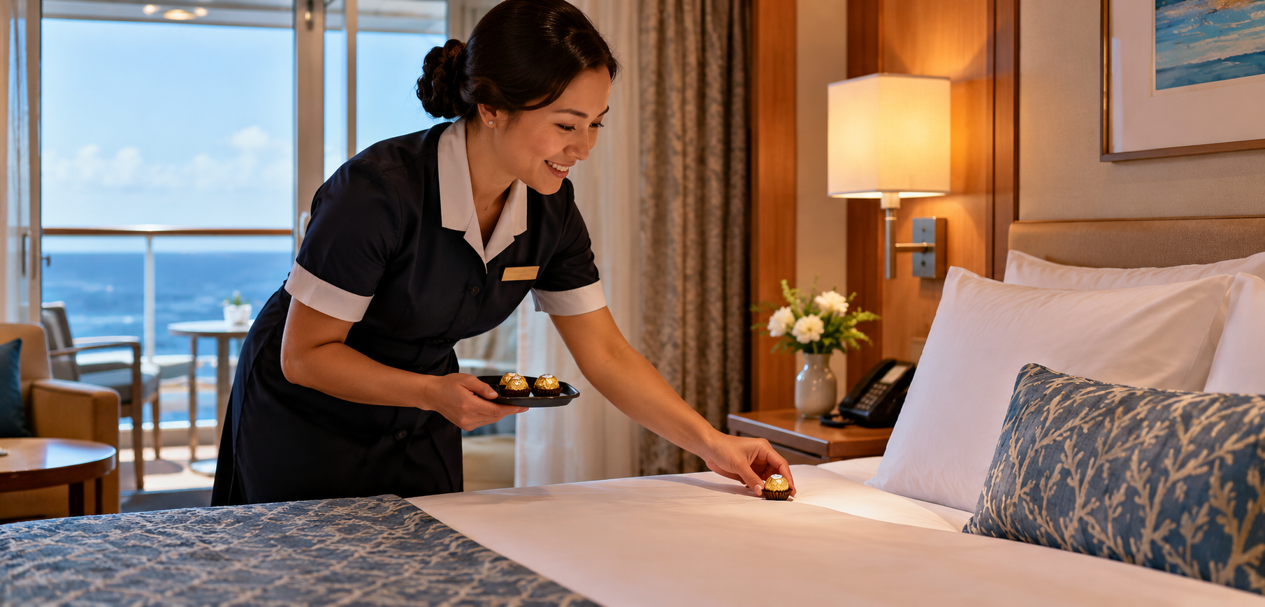 A smiling hotel staff member in uniform places chocolates on a neatly made bed in an elegant room with ocean views, reminiscent of the thoughtful touches things cruise lines used to offer.
