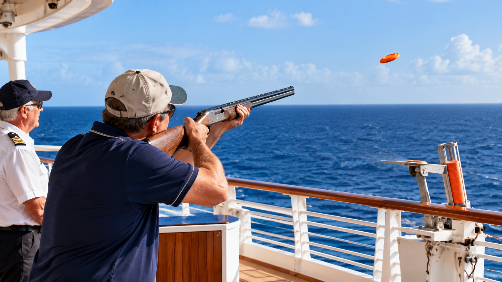 A man on a ship aims a shotgun at an orange clay target in midair, with the ocean and blue sky behind him—a classic glimpse into things cruise lines used to offer. Another man in uniform stands nearby.