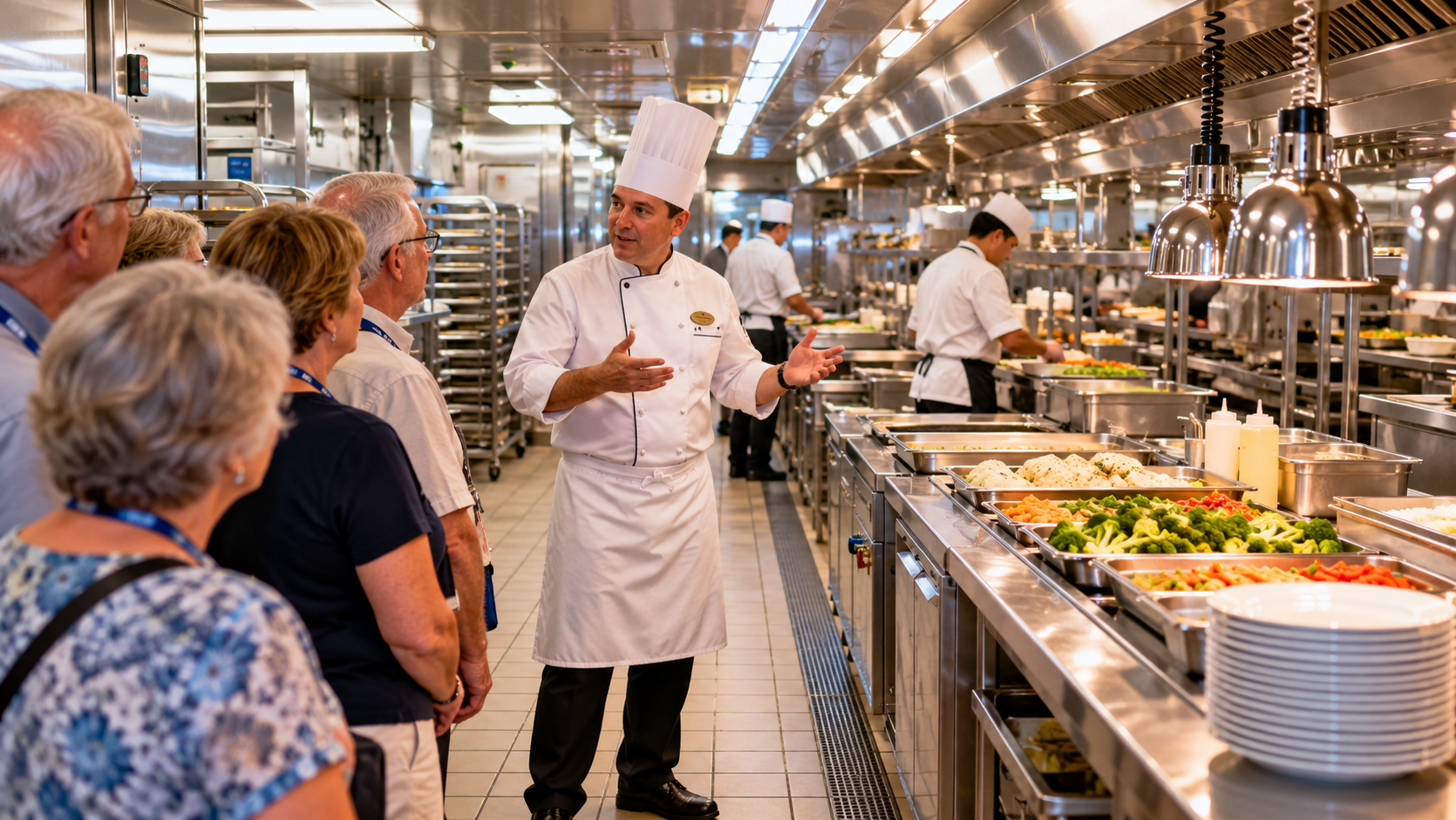A chef in a white uniform talks to a group during a kitchen tour, sharing insights on things cruise lines used to offer, as other chefs prepare food at counters lined with dishes in a bright, modern kitchen.