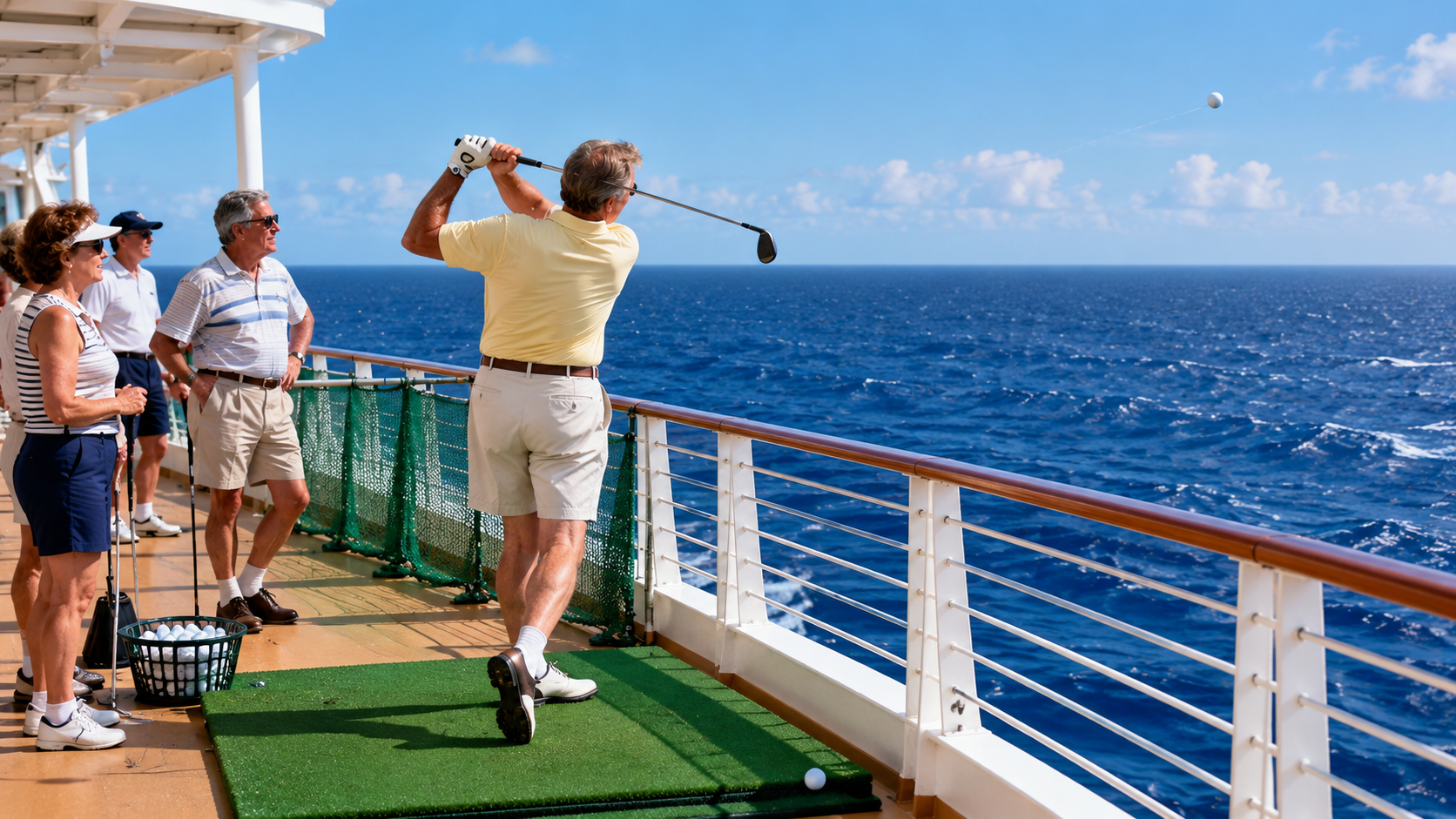 A man hits a golf ball from a practice mat on a cruise ship deck—one of the fun things cruise lines used to offer—while three people watch. The ocean and sky are bright in the background under a sunny sky.