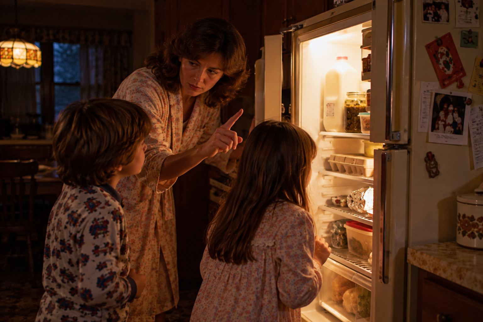 A mother in a bathrobe points a finger at two children looking into an open refrigerator during a power outage at night.
