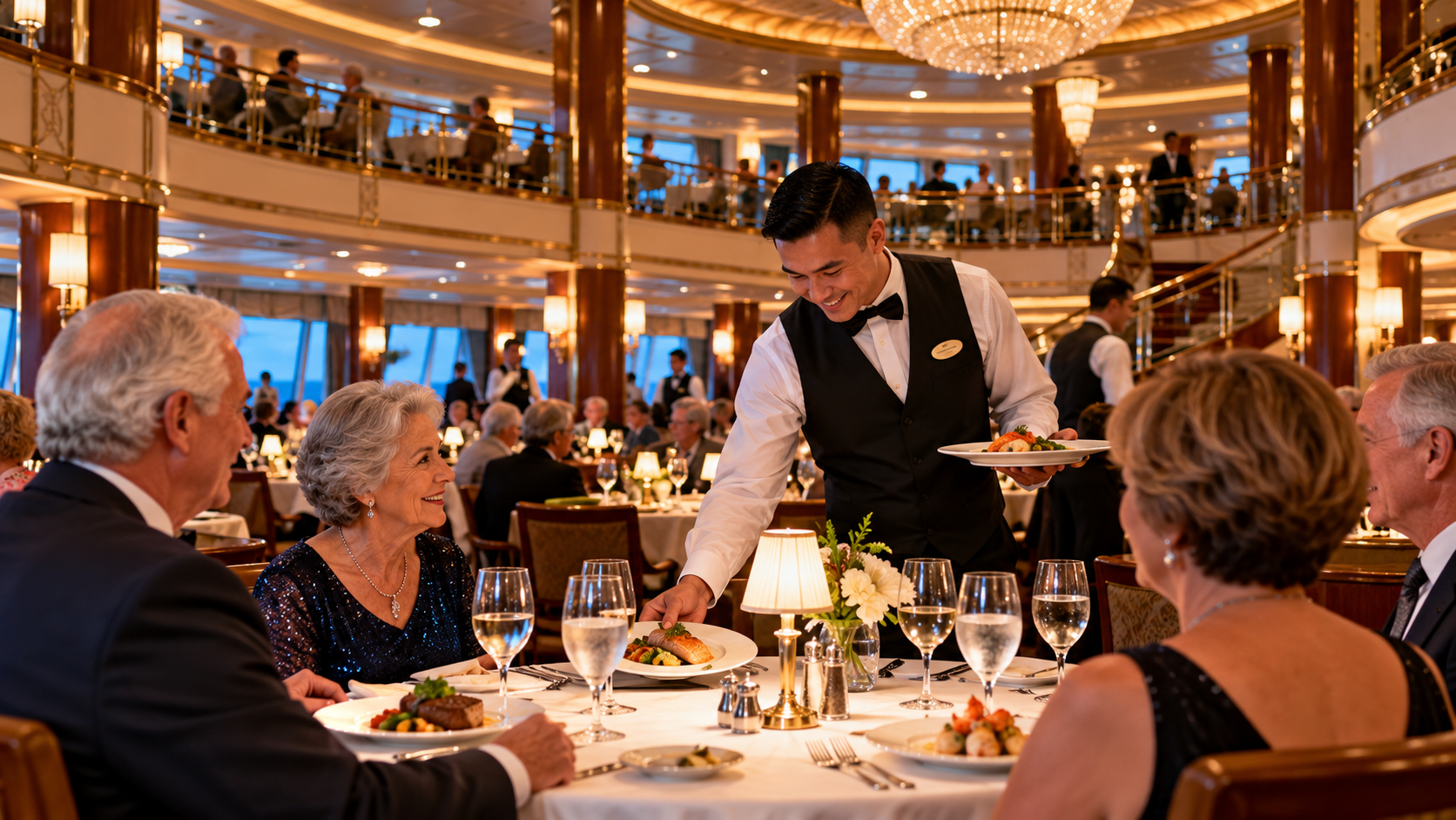 A waiter serves dinner to elegantly dressed guests at a formal restaurant with golden decor, evoking the classic elegance of things cruise lines used to offer, as multiple dining levels buzz with satisfied diners.