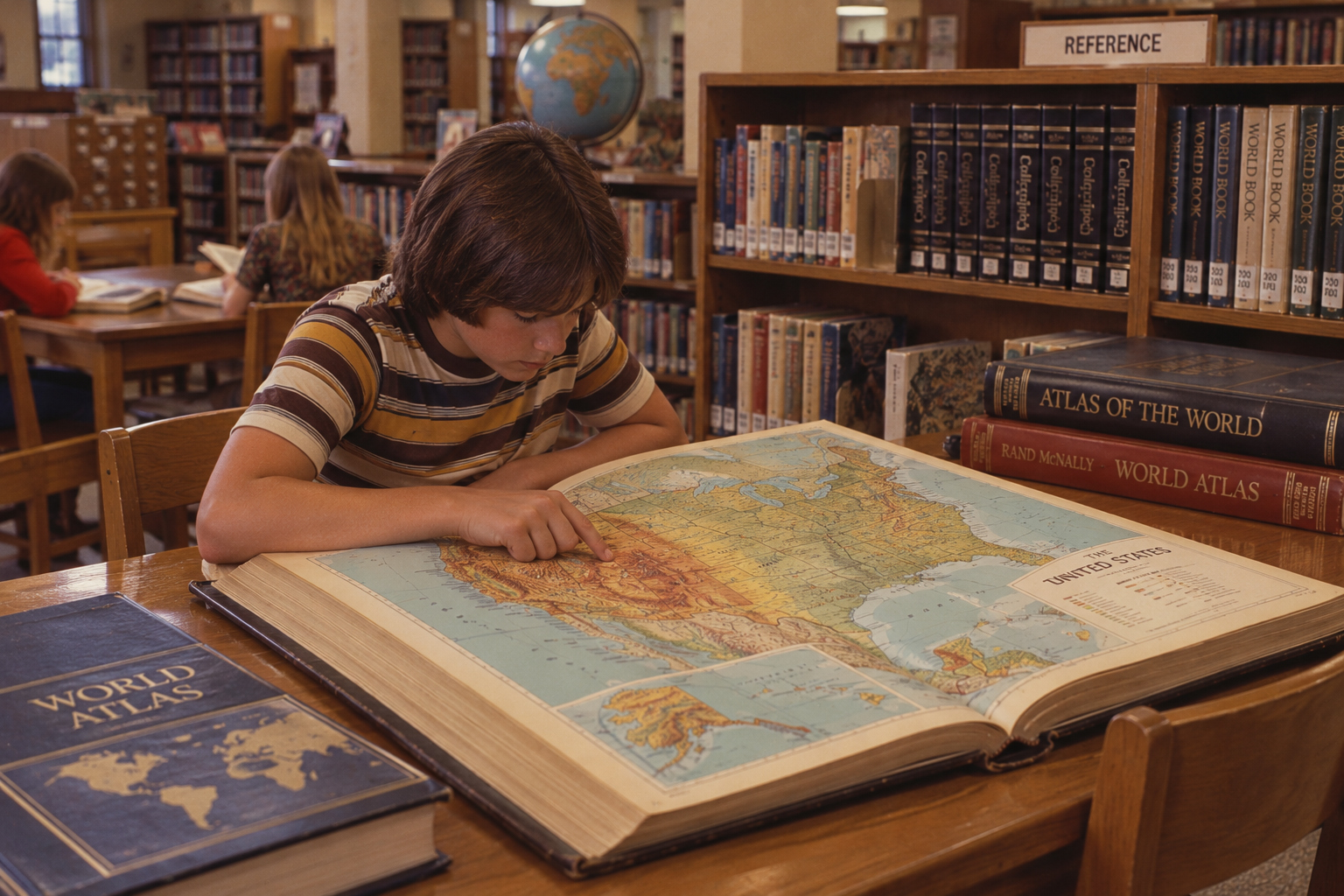 A student in a striped shirt sits at a library table, pointing to a location on an open, large-format map of the United States.