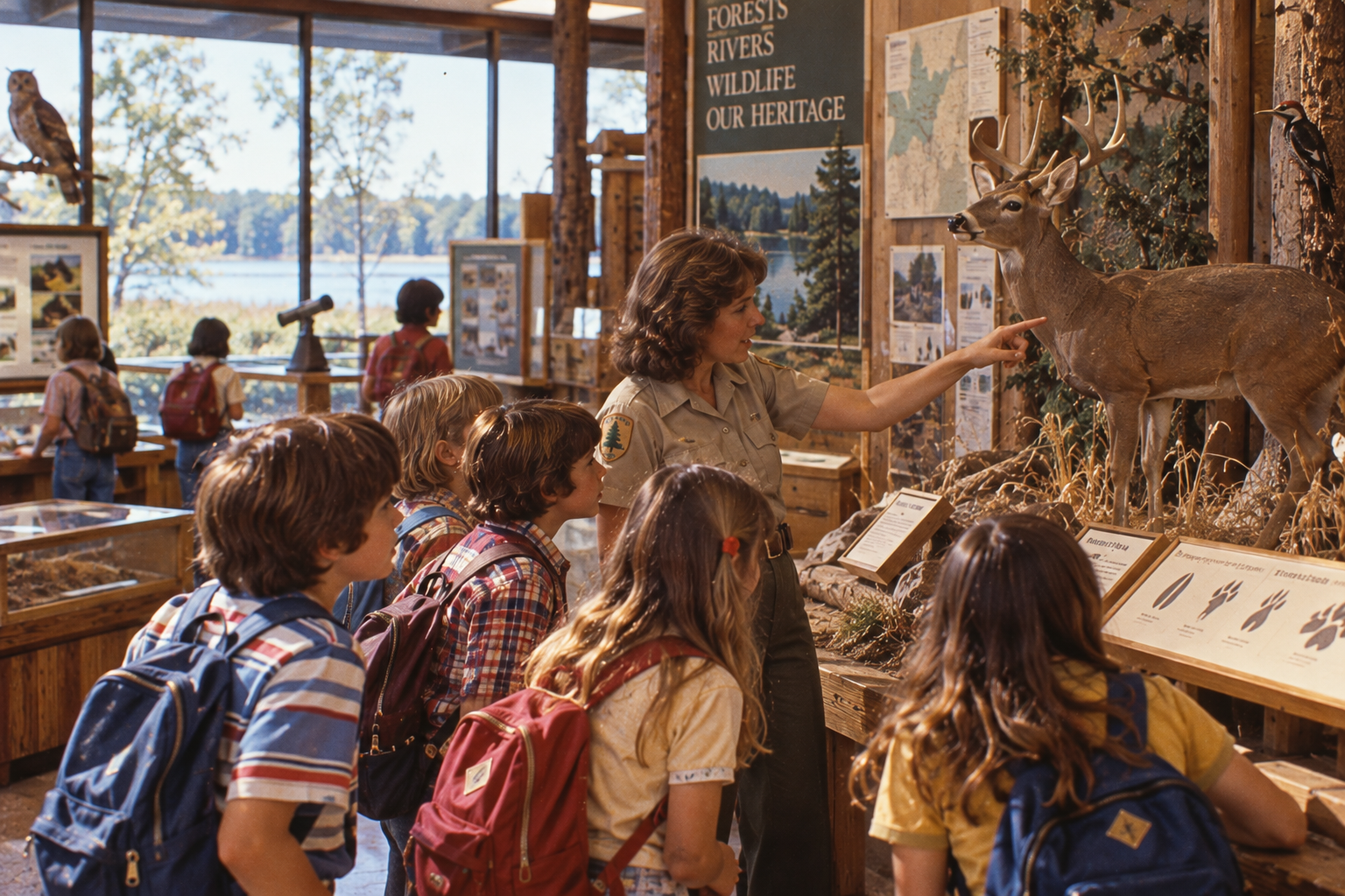 A park ranger in uniform points to a taxidermy deer to teach a group of children in a nature center.